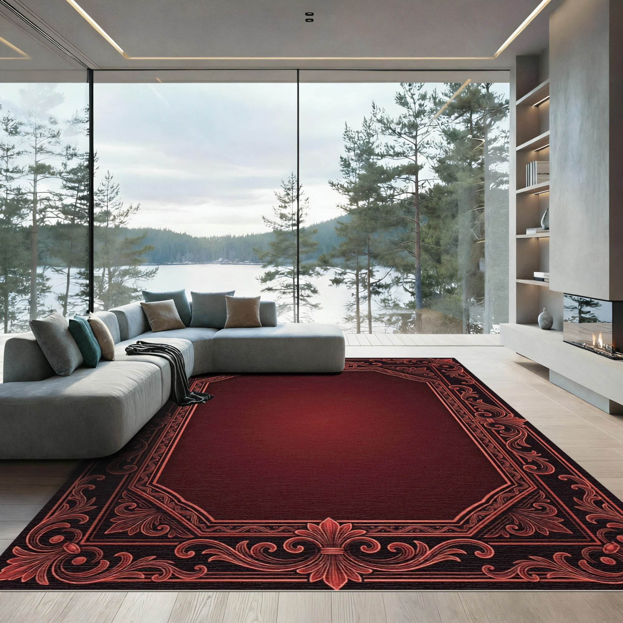 Ornate Crimson Filigree Damask Frame Rug