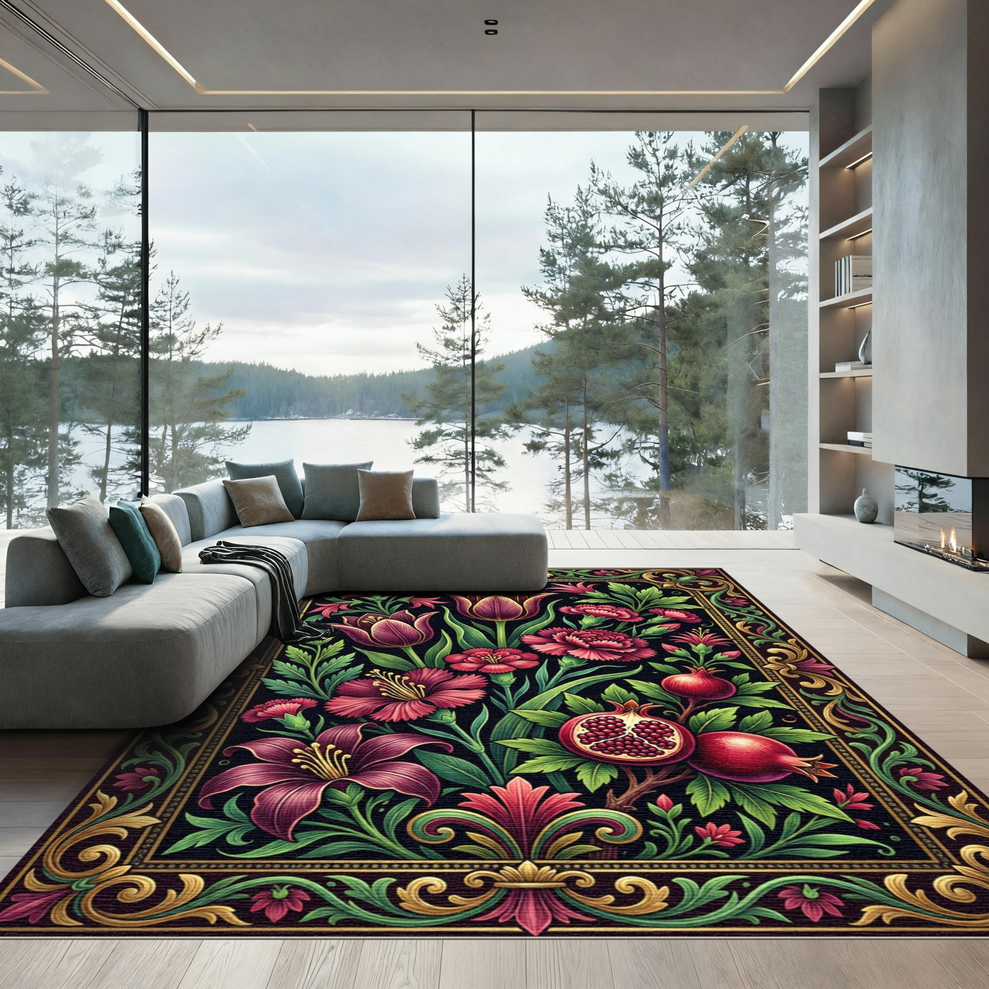 Dark Floral Pomegranate Botanical Composed Illustration Rug