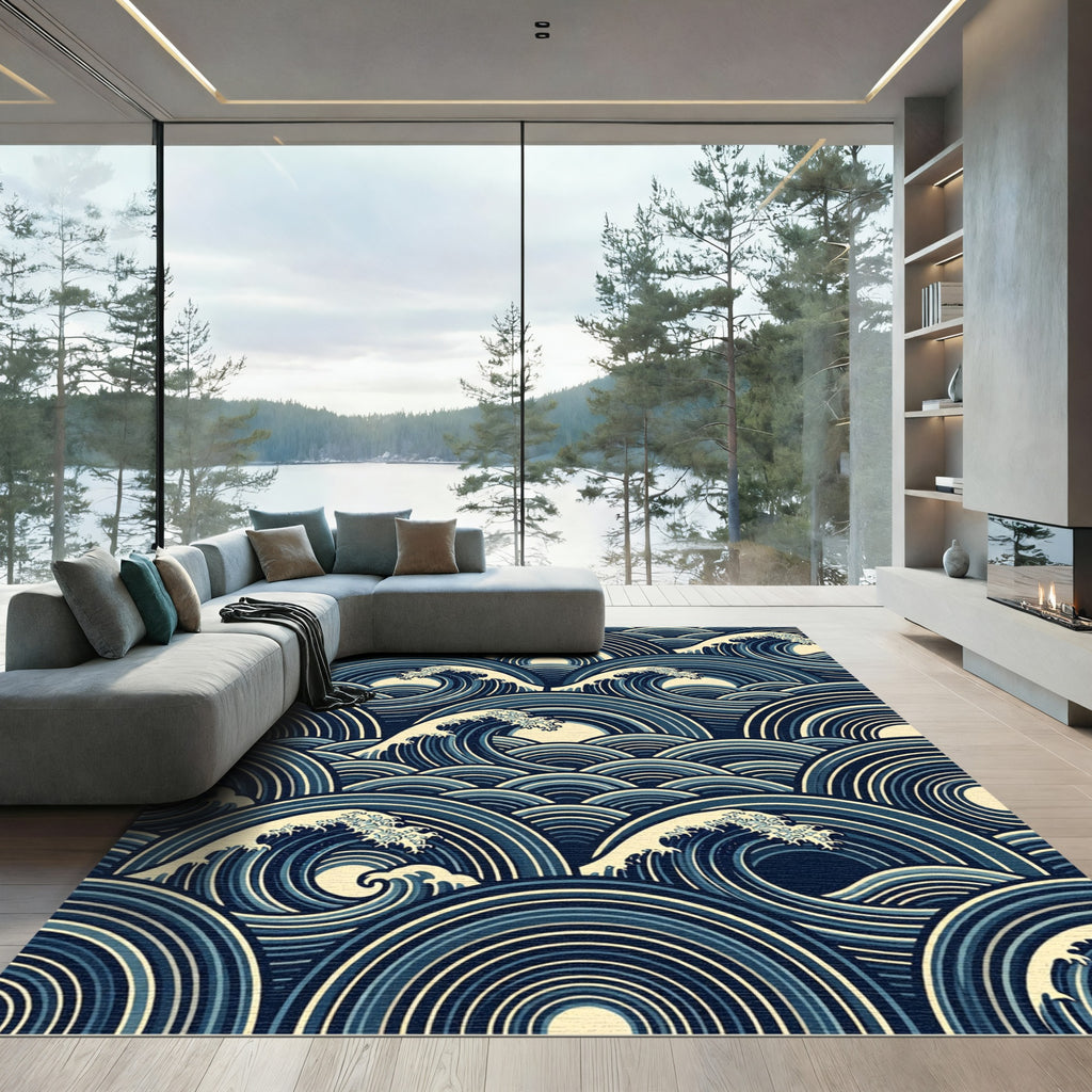 Japanese Navy Blue Circular Wave Ocean Rug