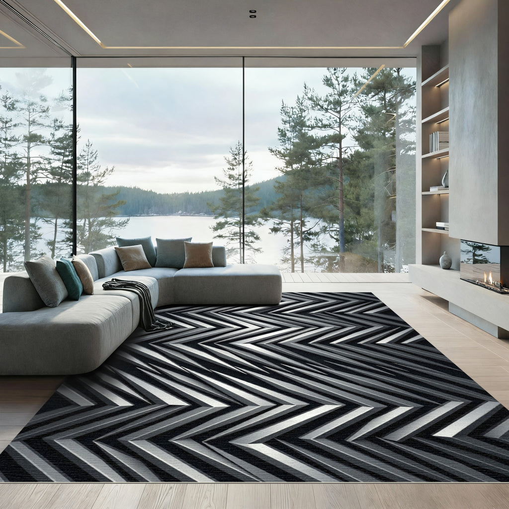 Modern Silver Chevron Jagged Lines Rug
