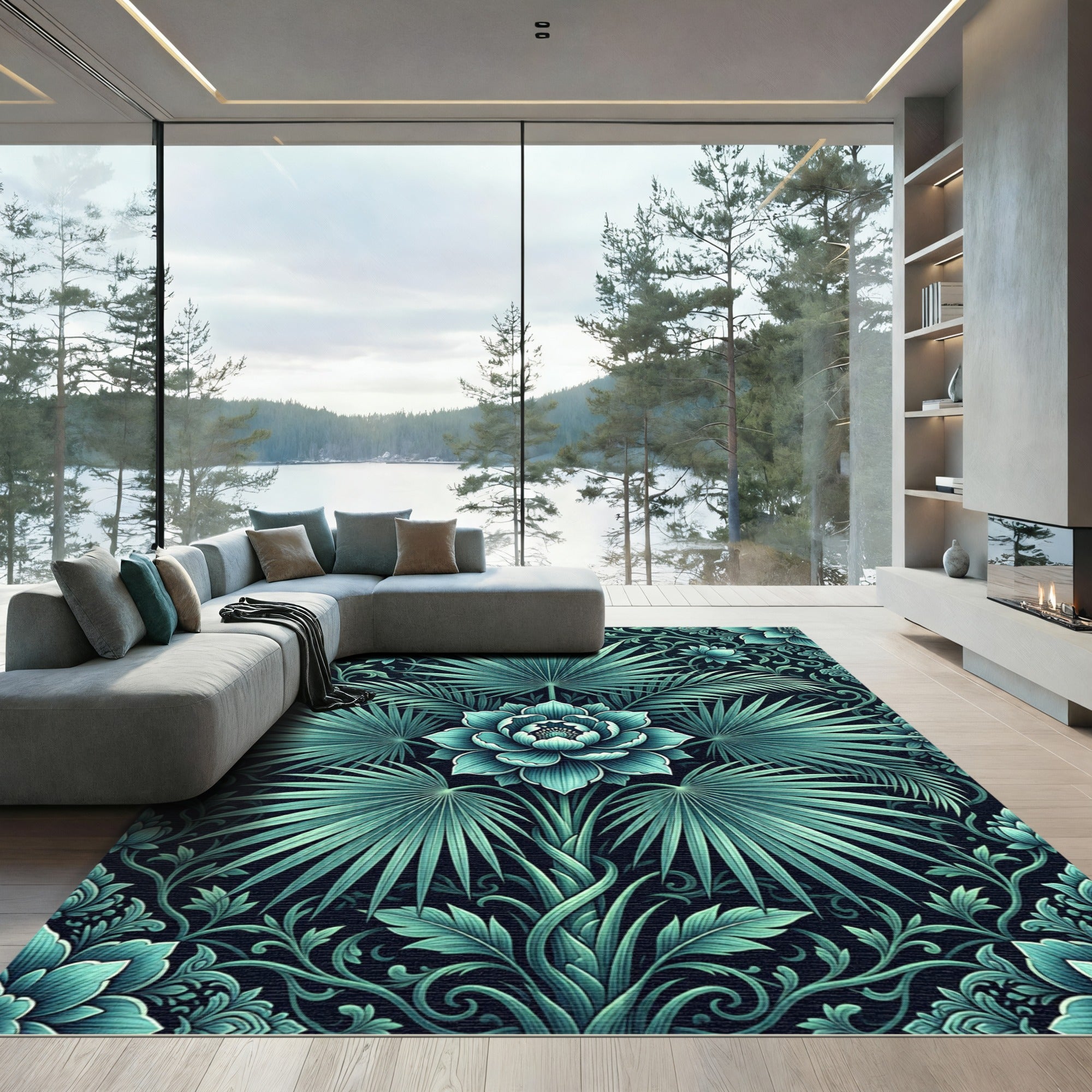 Teal Floral Palm Leaf Composition Rug