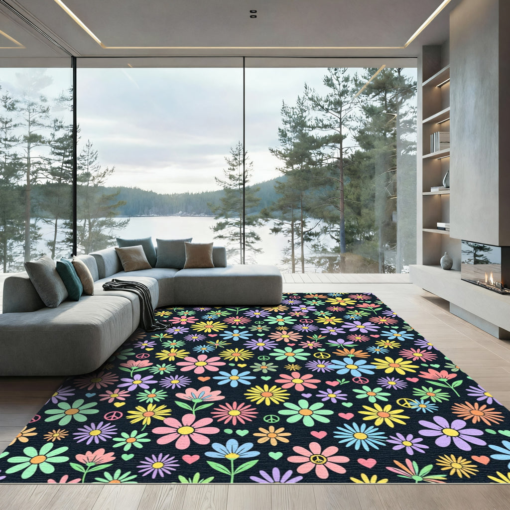 Retro Colorful Daisy Peace Sign Floral Rug