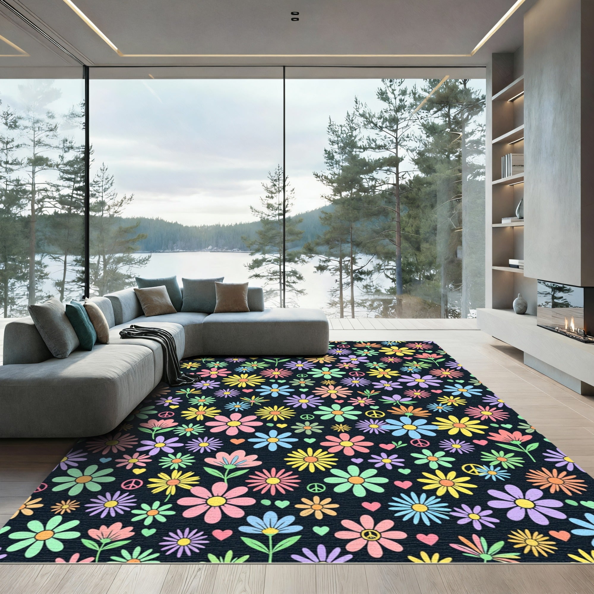 Retro Colorful Daisy Peace Sign Floral Rug