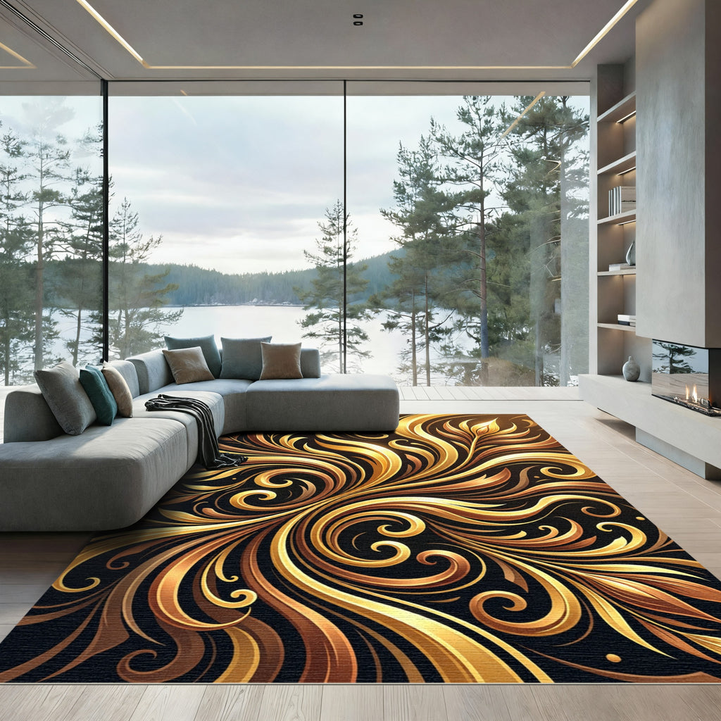 Elegant Gilded Swirl Floral Art Rug