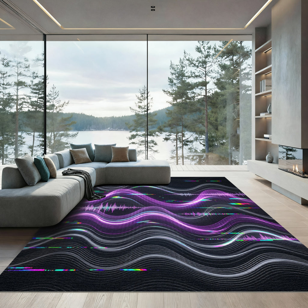 Neon Glitch Wave Abstract Radiant Rug