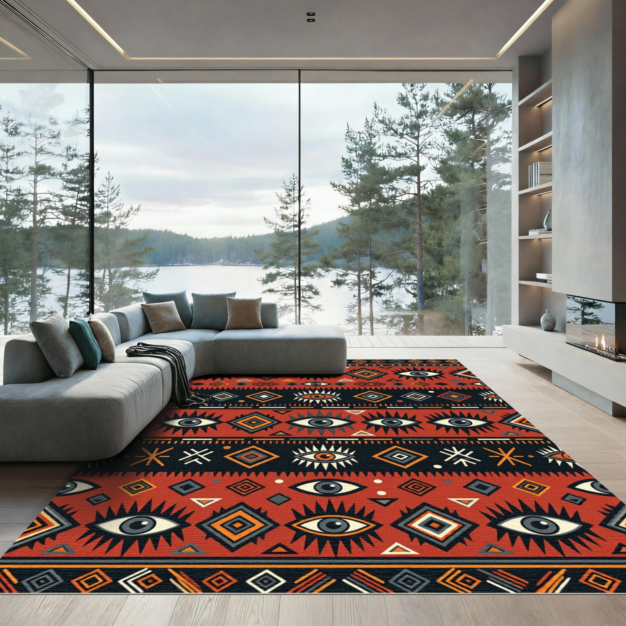 Red Ochre Tribal Eye Motif Rug