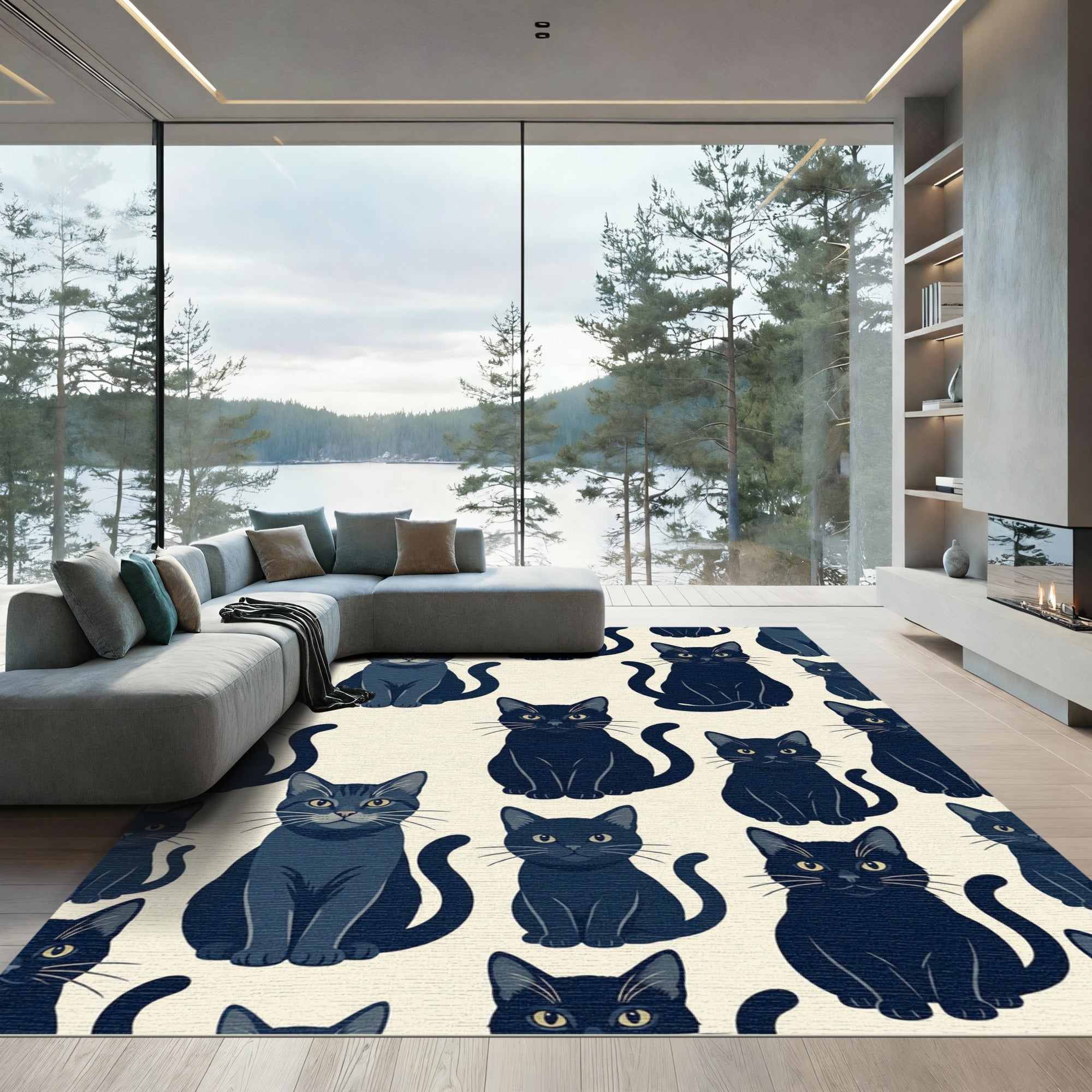Minimalist Black Cat Whimsical Art Rug