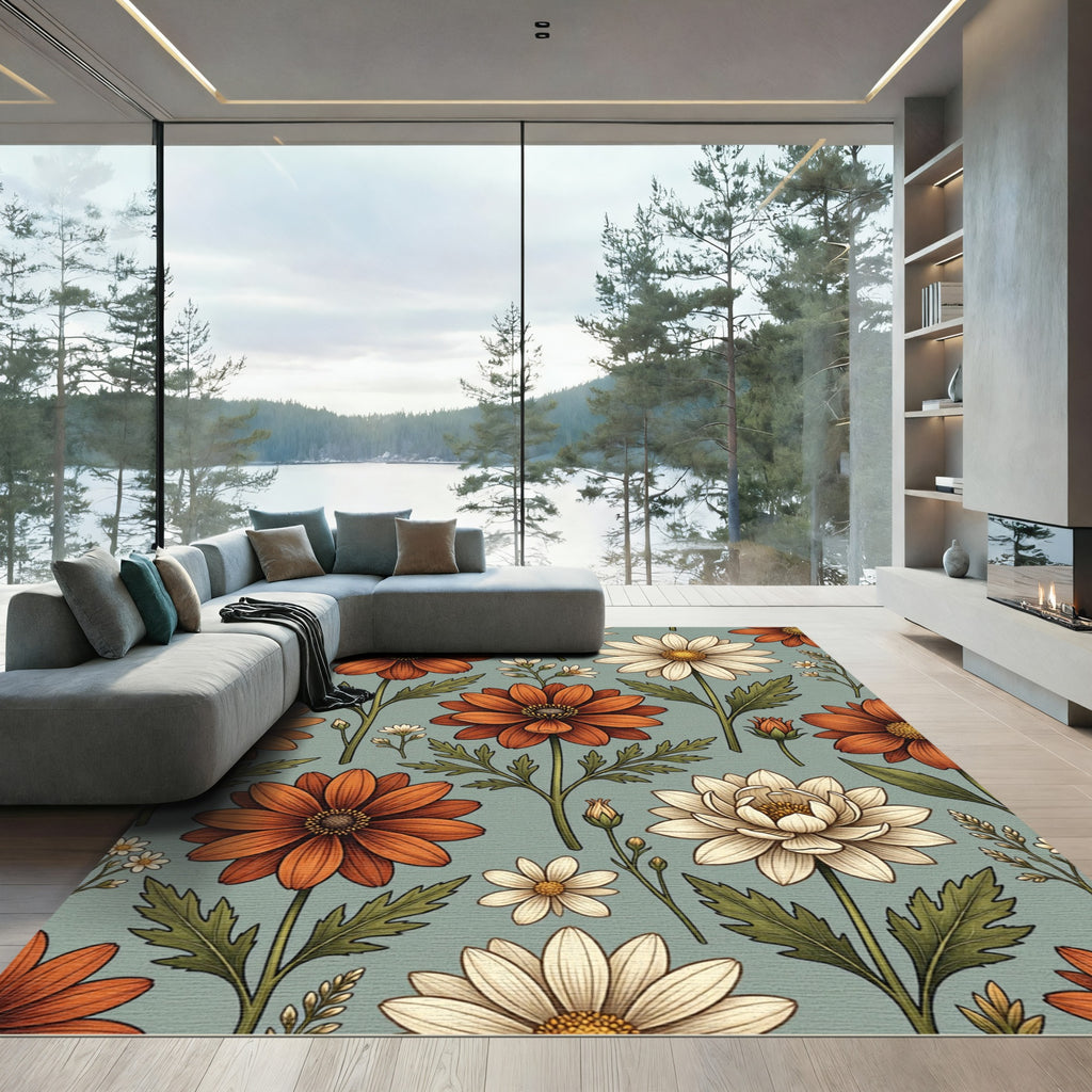 Vintage Autumn Daisy Floral Sage Rug