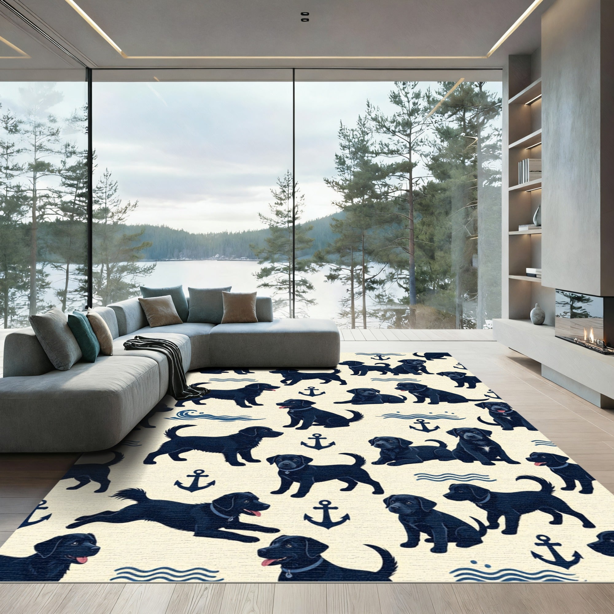 Playful Black Labrador Nautical Anchor Illustration Rug