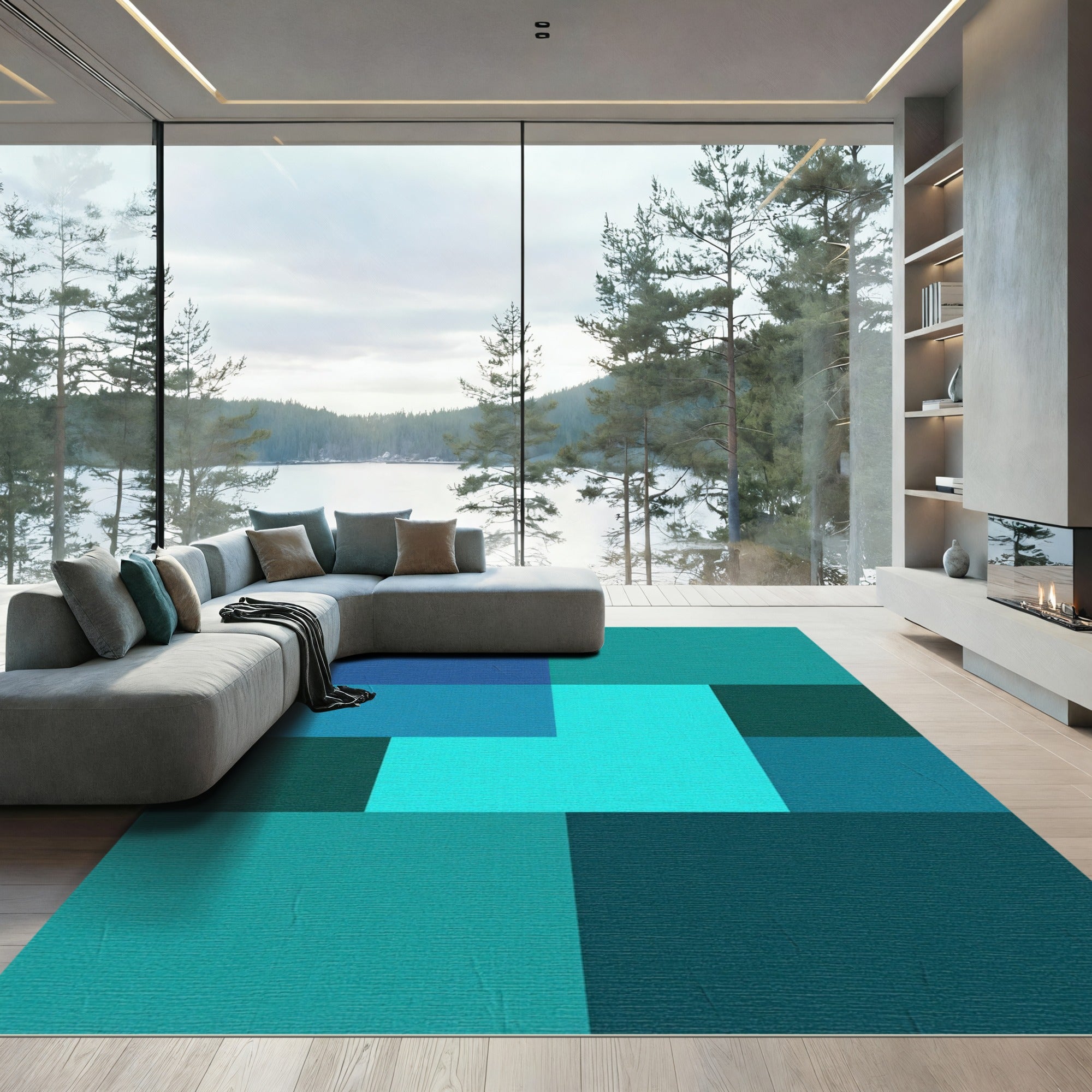 Modern Teal Geometric Color Block Rug