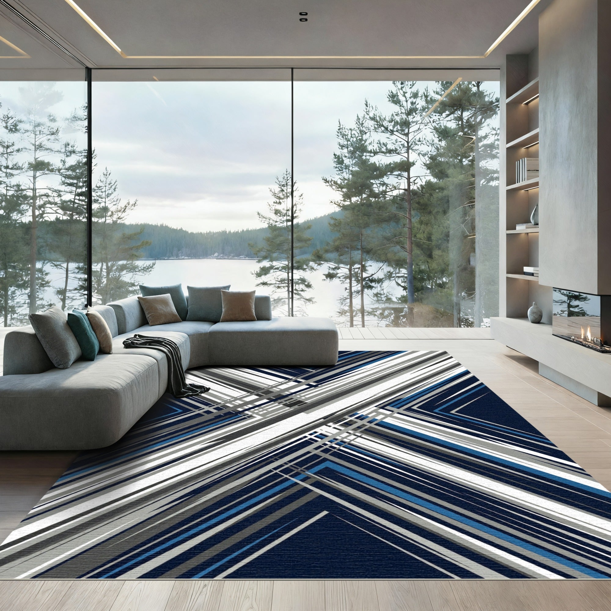 Modern Navy Blue Sharp Diagonal Lines Rug