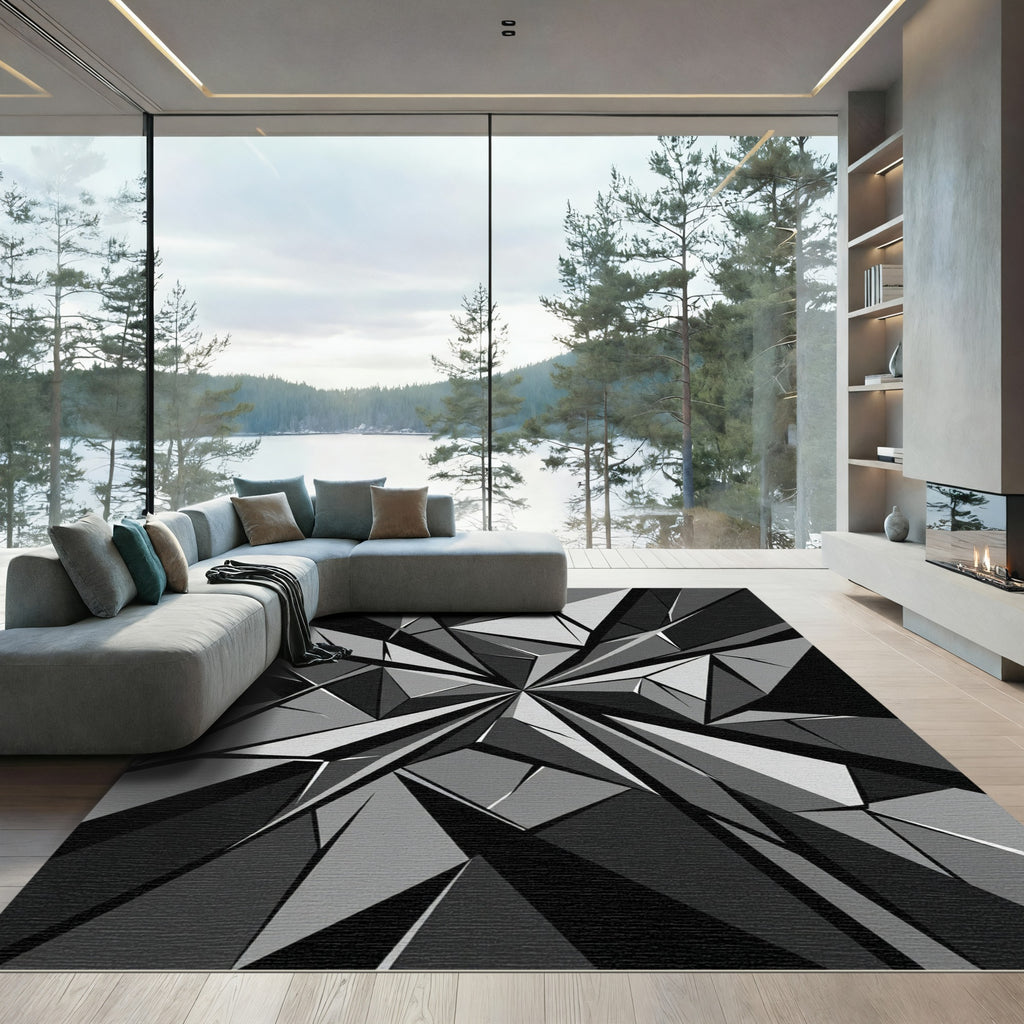 Monochrome Geometric Fractured Crystal Facet Rug