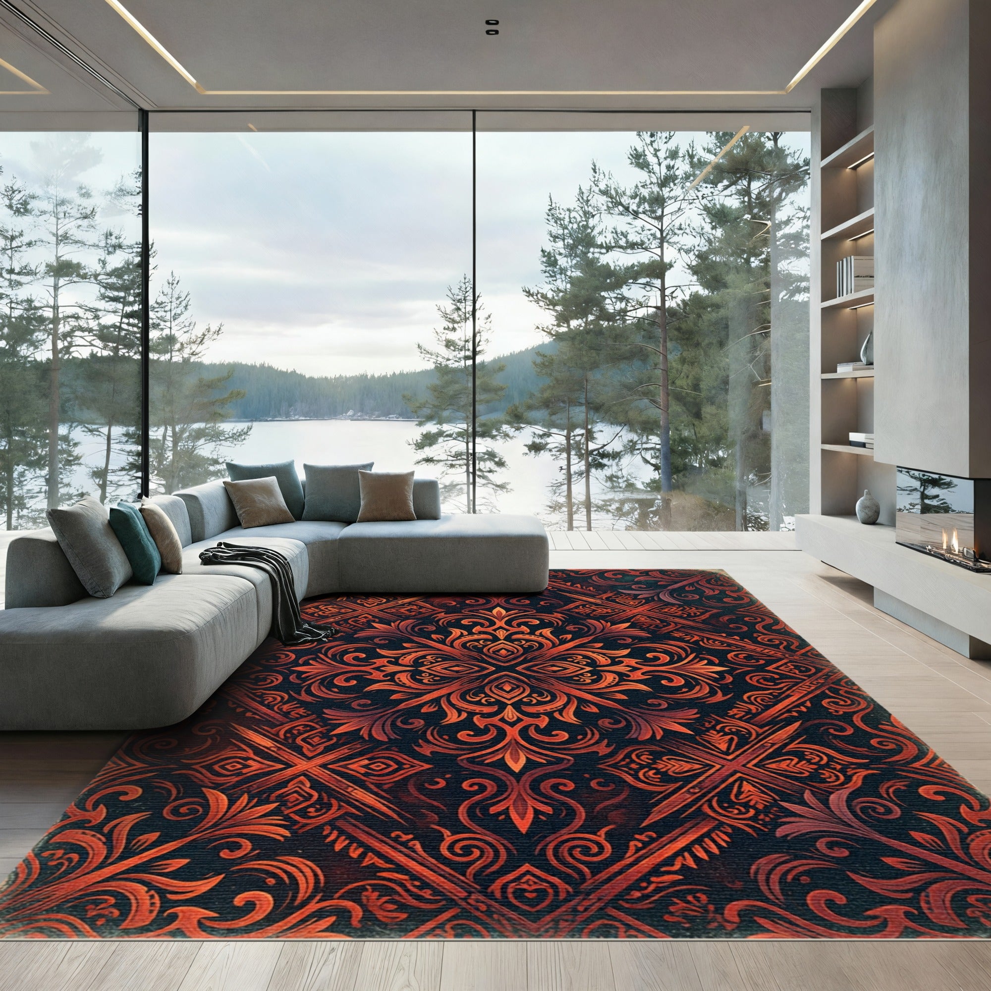 Ornate Fire Orange Floral Intricate Rug