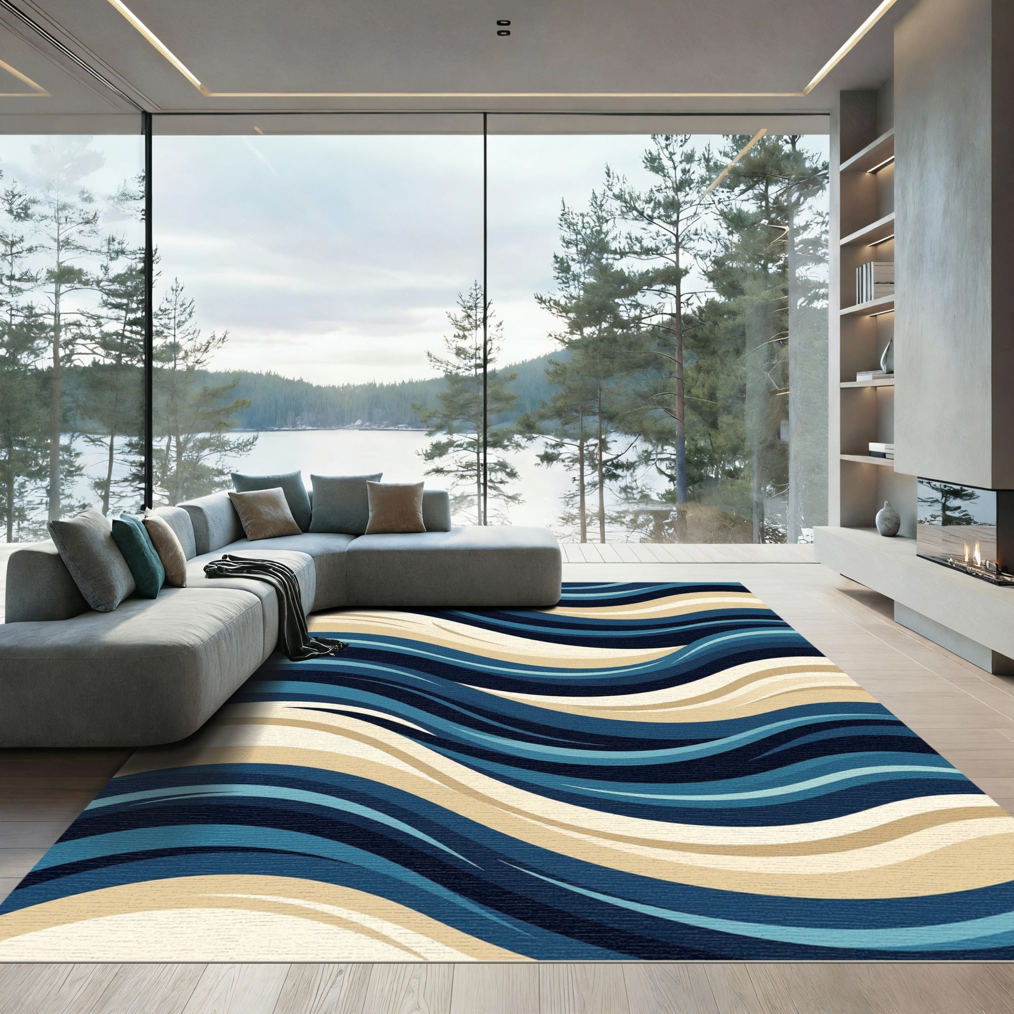 Abstract Navy and Cream Flowing Wave Rug