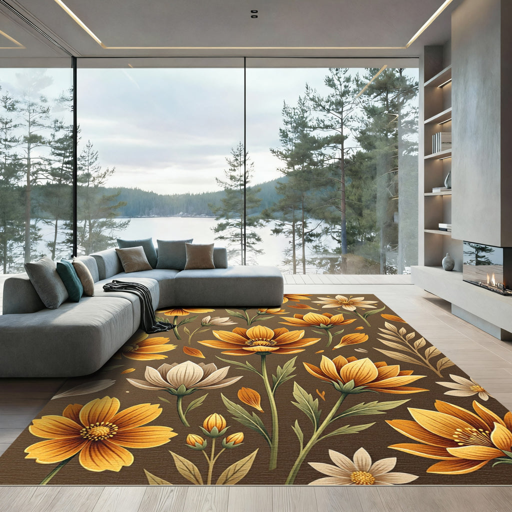 Golden Floral Botanical Meadow Art Rug