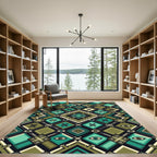 Geometric Teal and Olive Eye Tile Rug