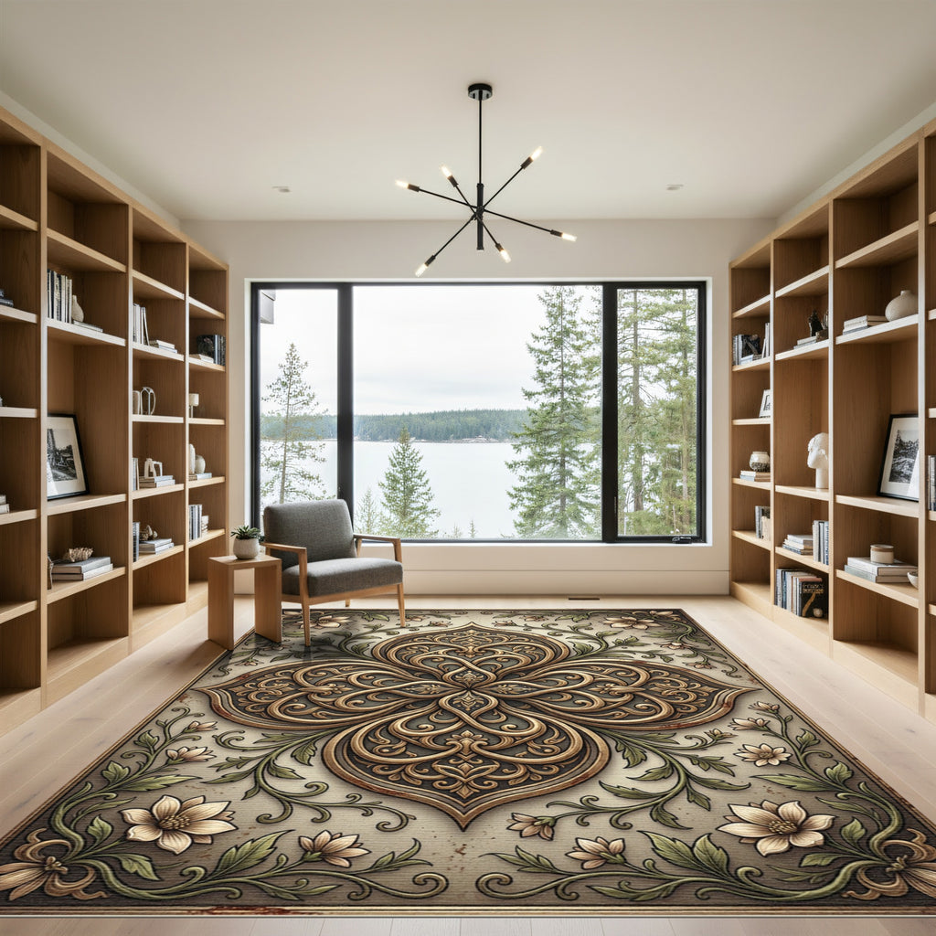 Ornate Golden Floral Vine Medallion Rug