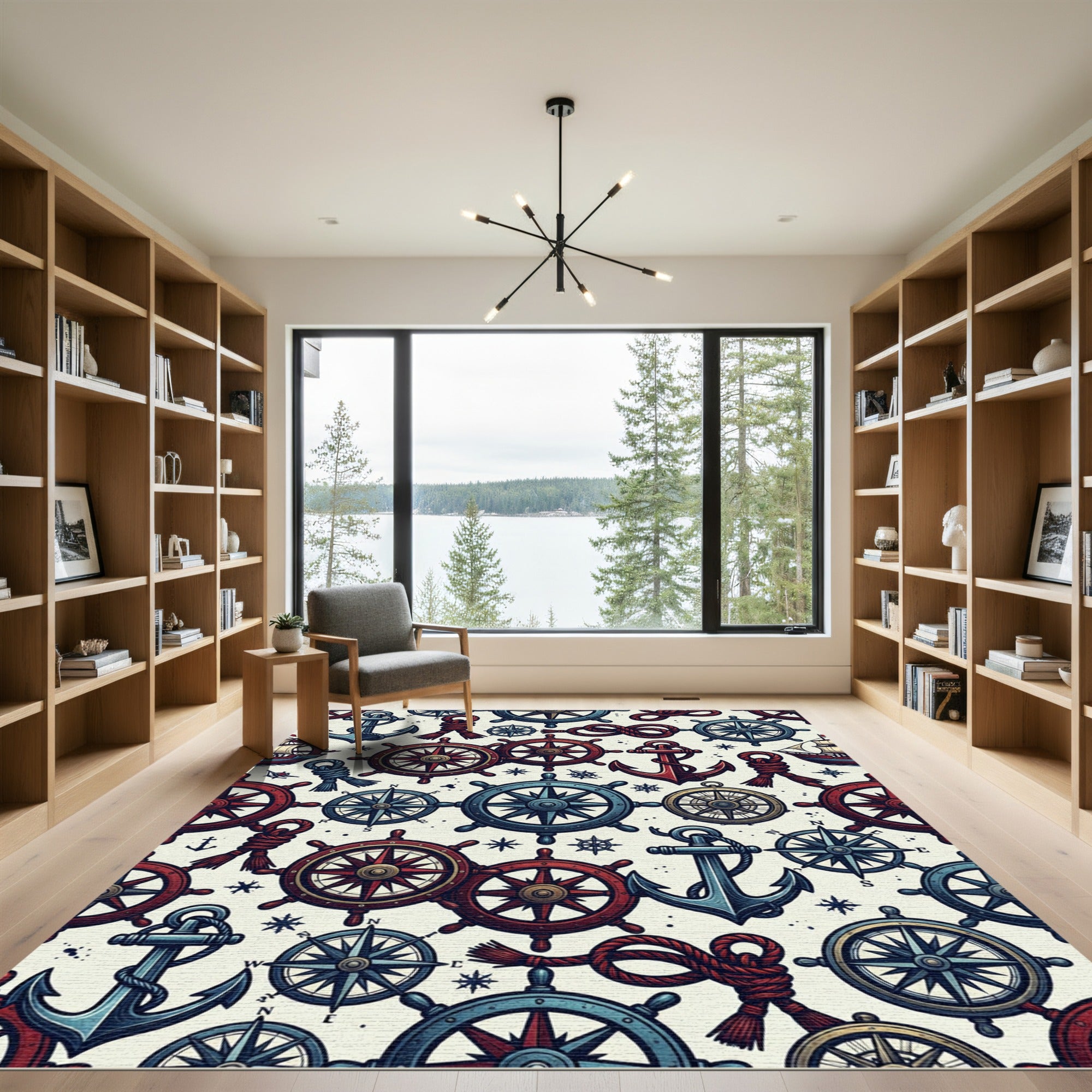 Nautical Navy and Crimson Compass Anchor Rug