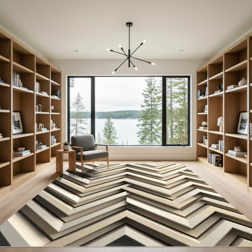 Neutral Wood Tone Chevron Layered Rug