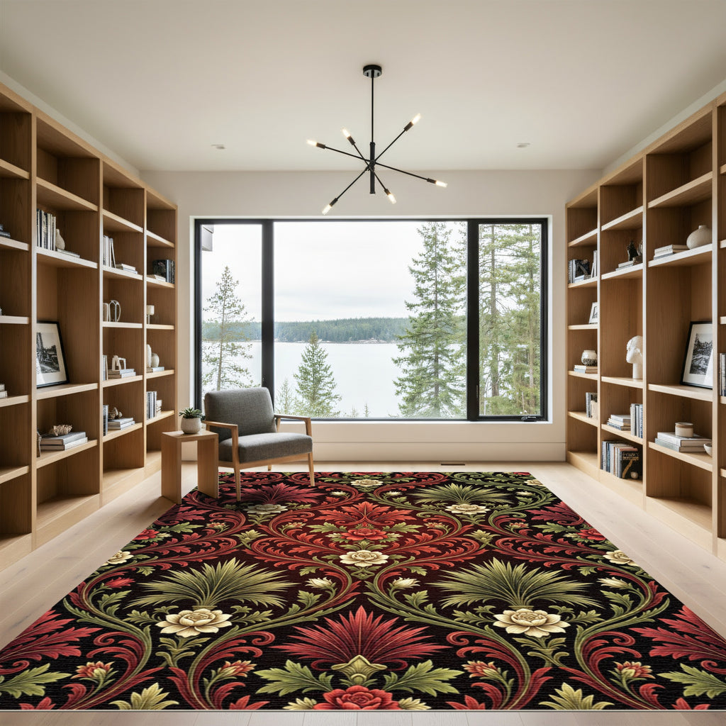 Crimson Gold Floral Vine Scroll Rug