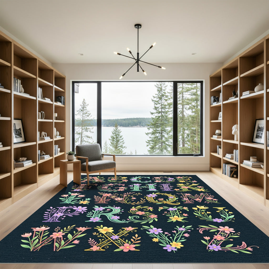 Floral Botanical Alphabet Letter Garden Art Rug