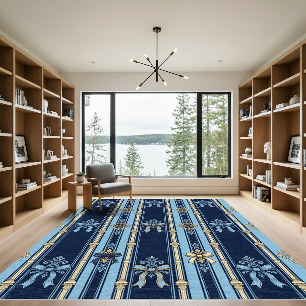 Navy Blue Light Blue Gold Bow Stripes Rug