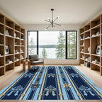 Navy Blue Light Blue Gold Bow Stripes Rug
