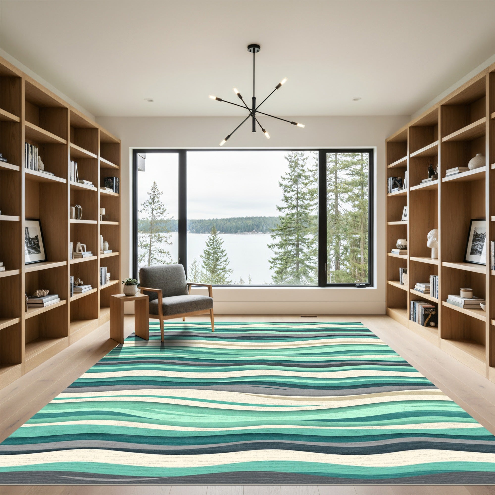 Teal Beige Gray Abstract Wave Rug