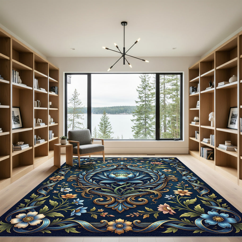 Elegant Ornate Blue Lotus Floral Medallion Rug