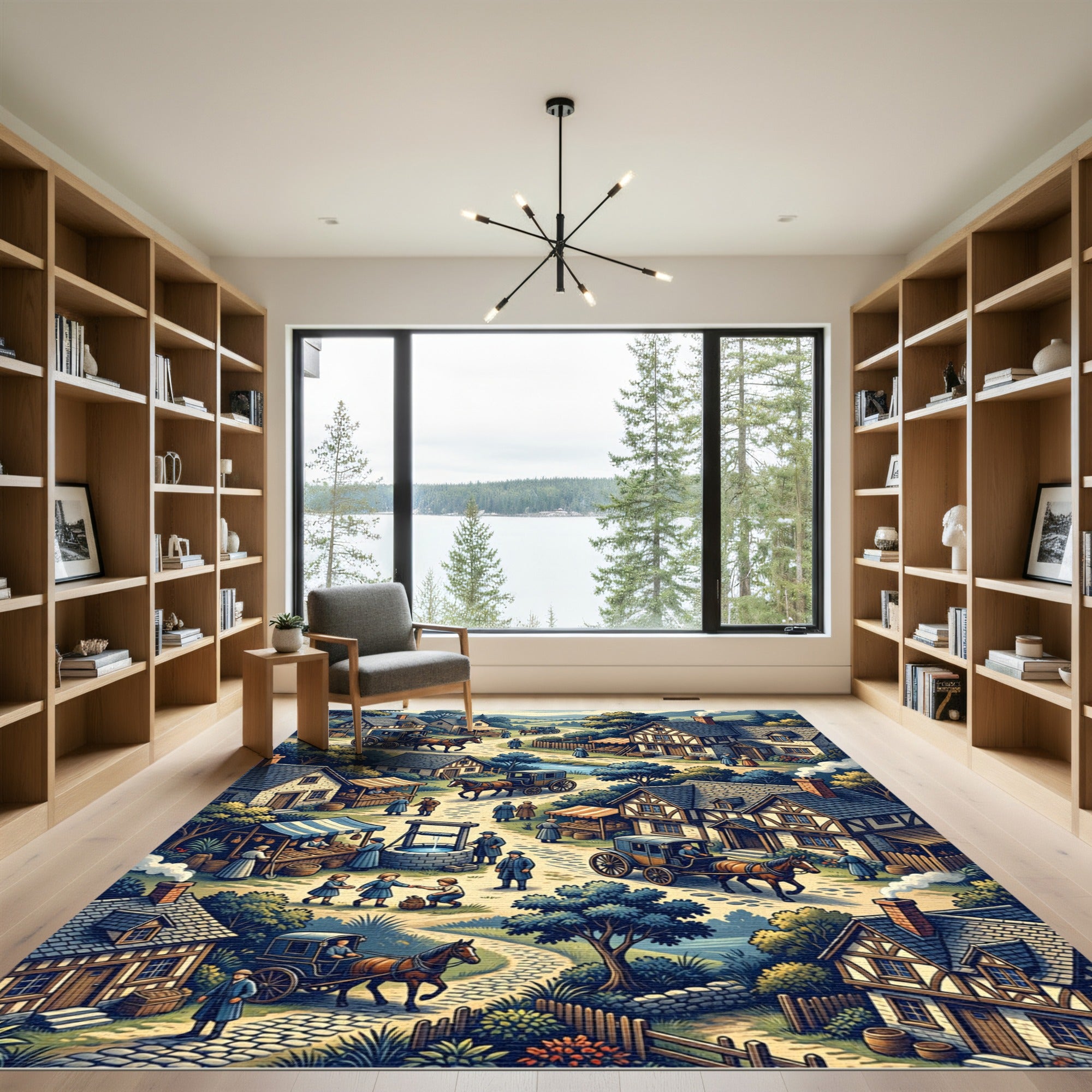 Whimsical Village Life Scenic Illustration Rug