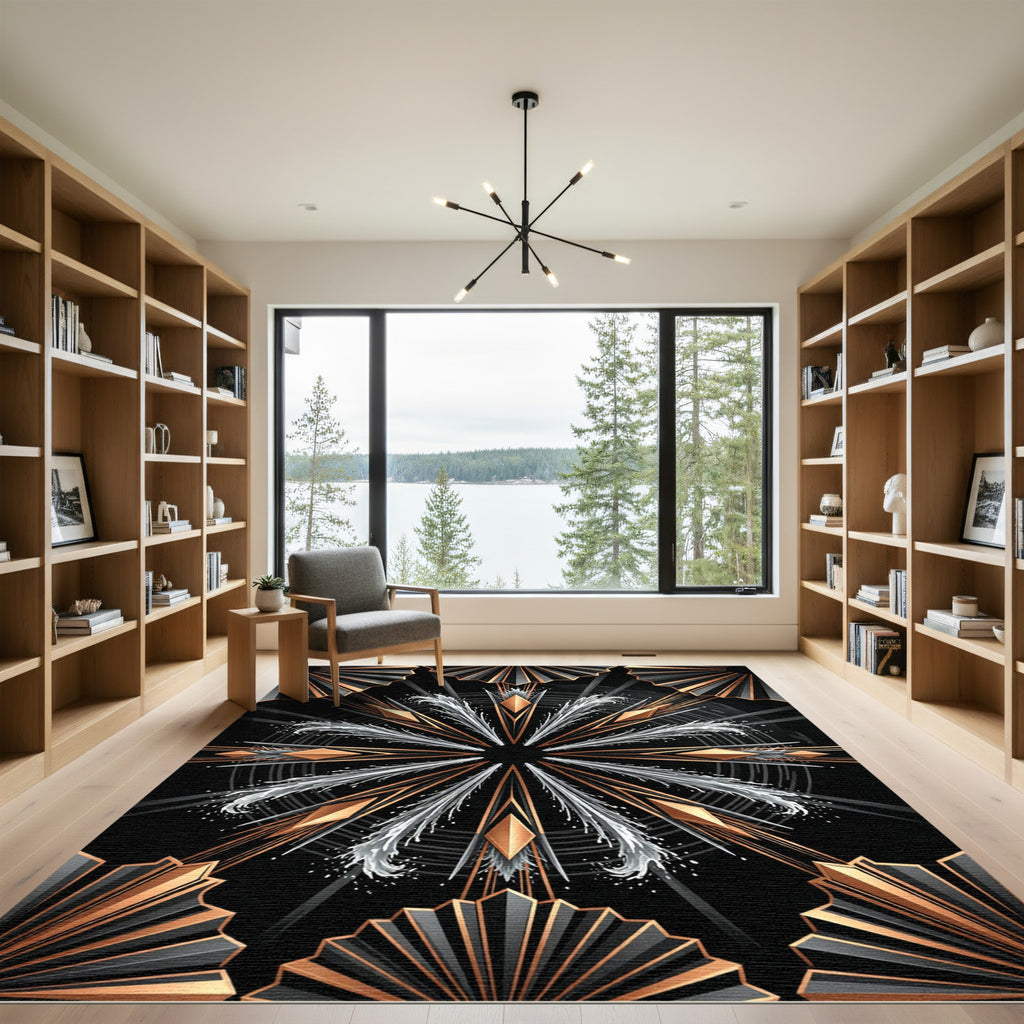 Art Deco Gold Geometric Obsidian Fan Rug