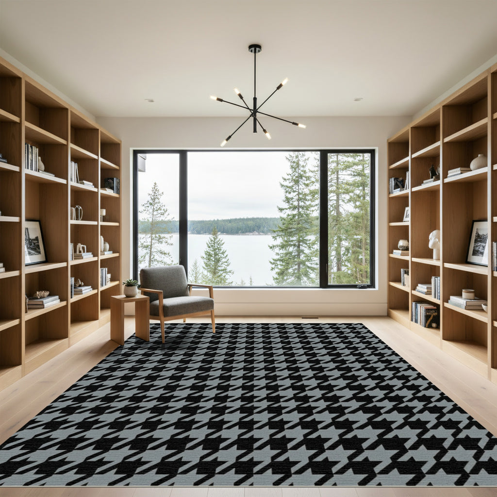 Classic Black Gray Houndstooth Checkered Rug