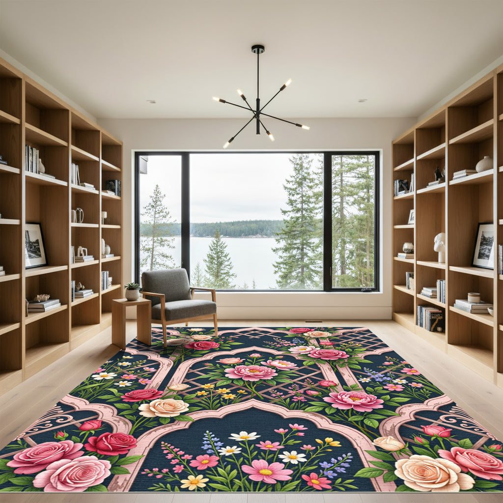 Pink Rose Trellis Garden Composition Rug