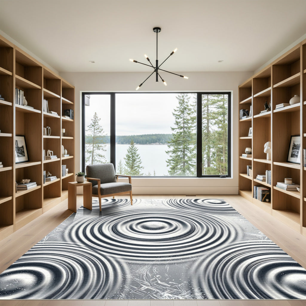 Modern Metallic Silver Rippled Circle Rug