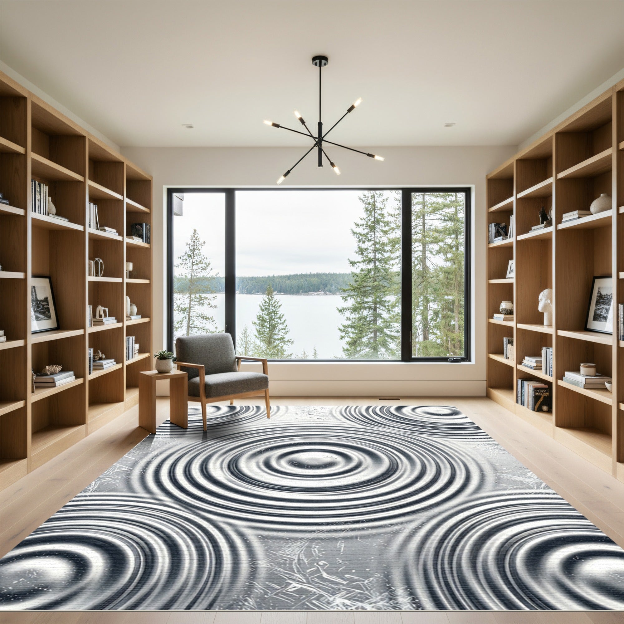 Modern Metallic Silver Rippled Circle Rug