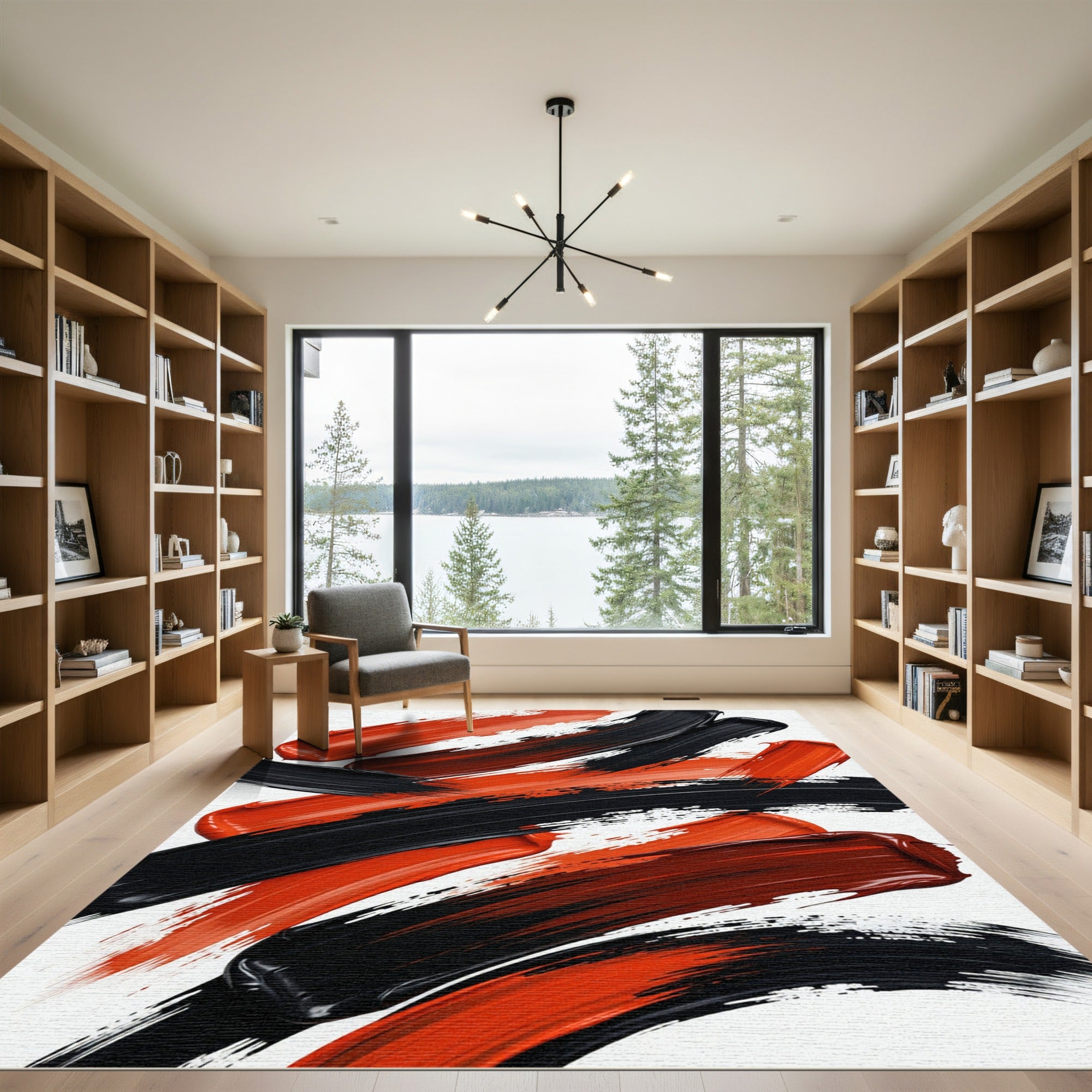 Bold Black and Red Abstract Stroke Rug