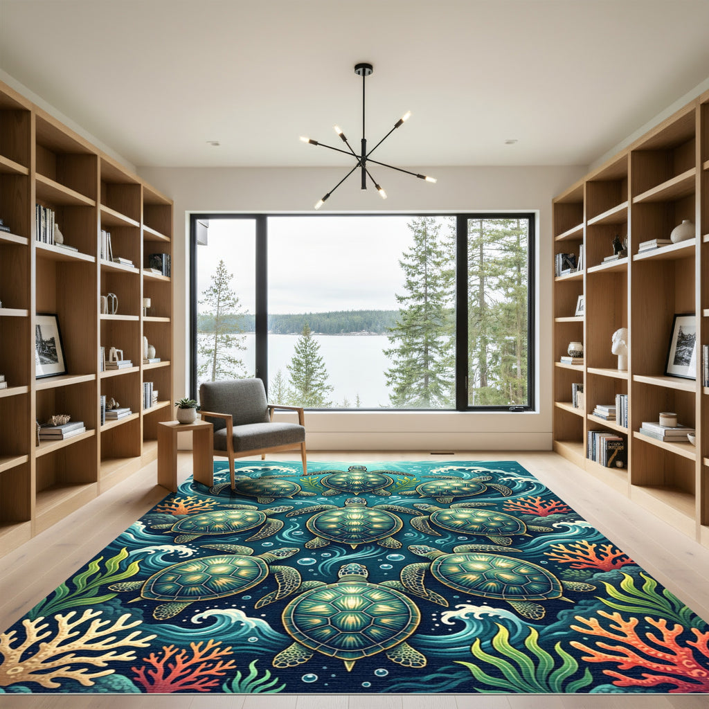 Vibrant Sea Turtle Ocean Reef Composition Rug