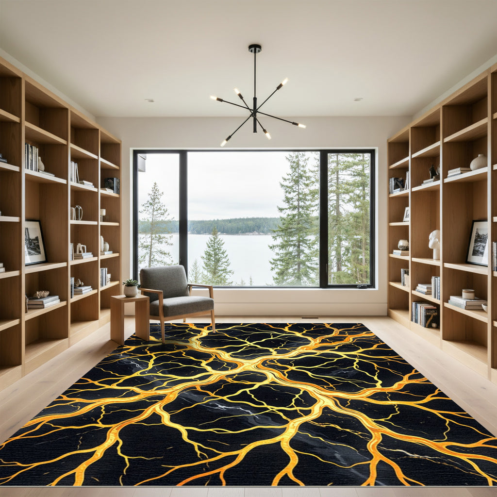 Golden Veins Black Marble Branch Rug