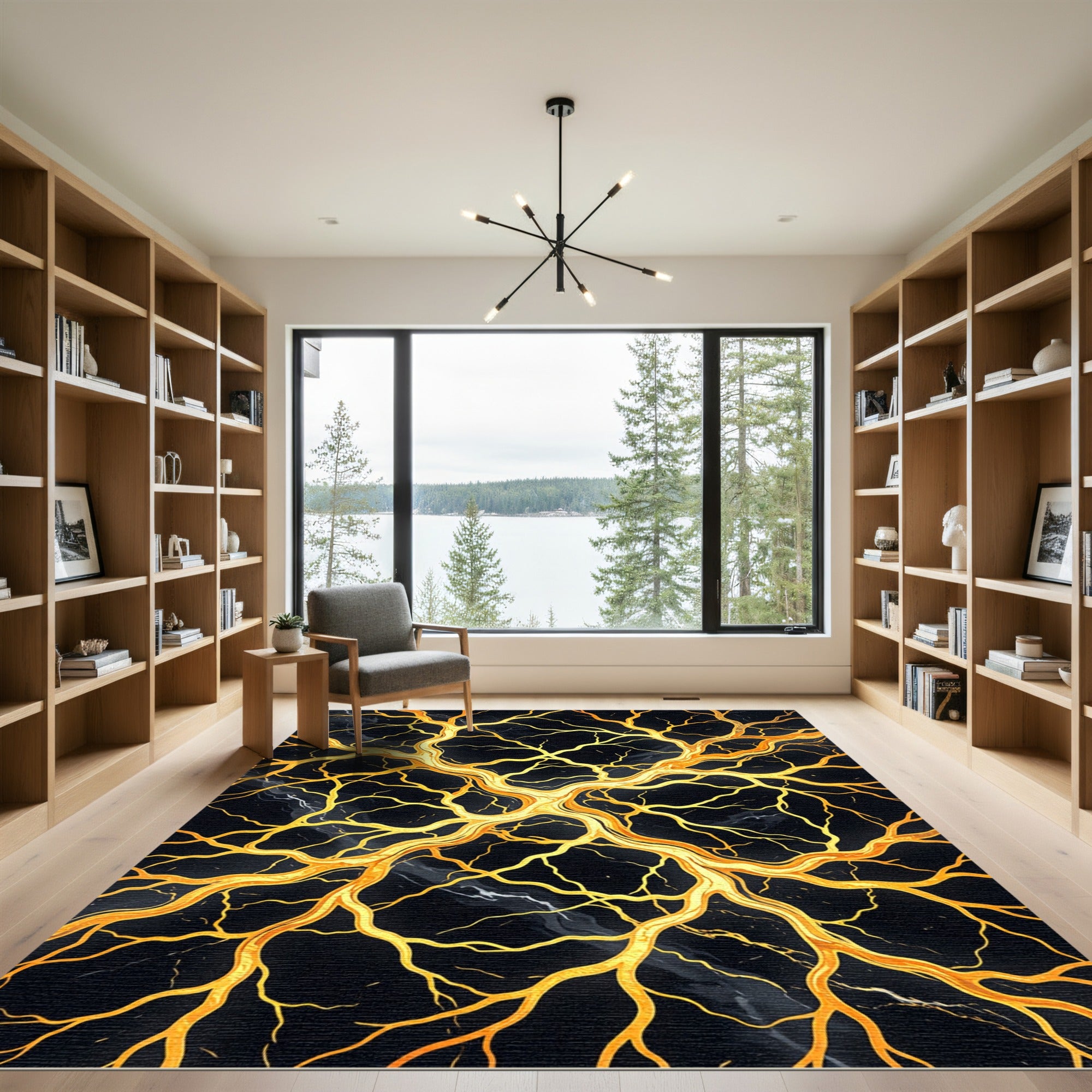 Golden Veins Black Marble Branch Rug