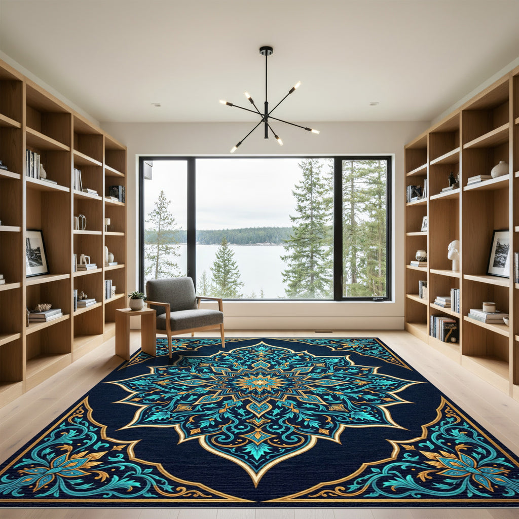 Luminous Teal Gold Floral Mandala Rug