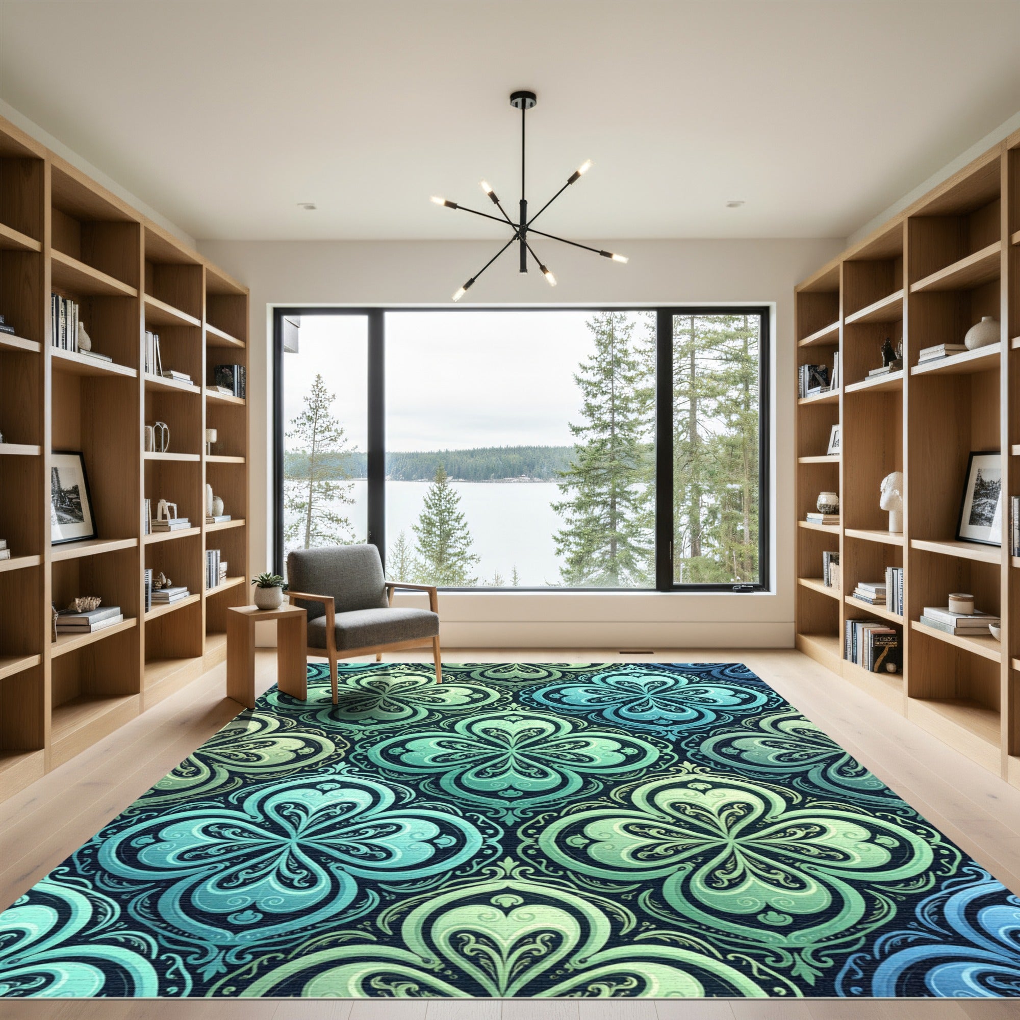 Elegant Teal Clover Damask Medallion Rug