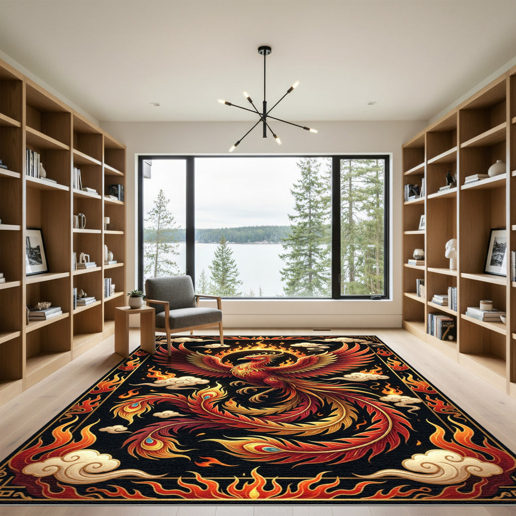 Fiery Crimson Phoenix Radiant Gold Clouds Rug