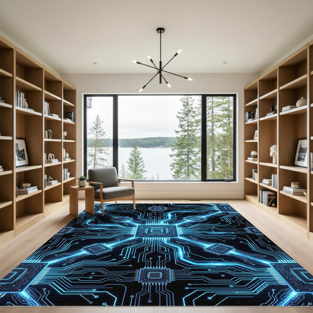 Futuristic Neon Cyber Circuit Grid Rug