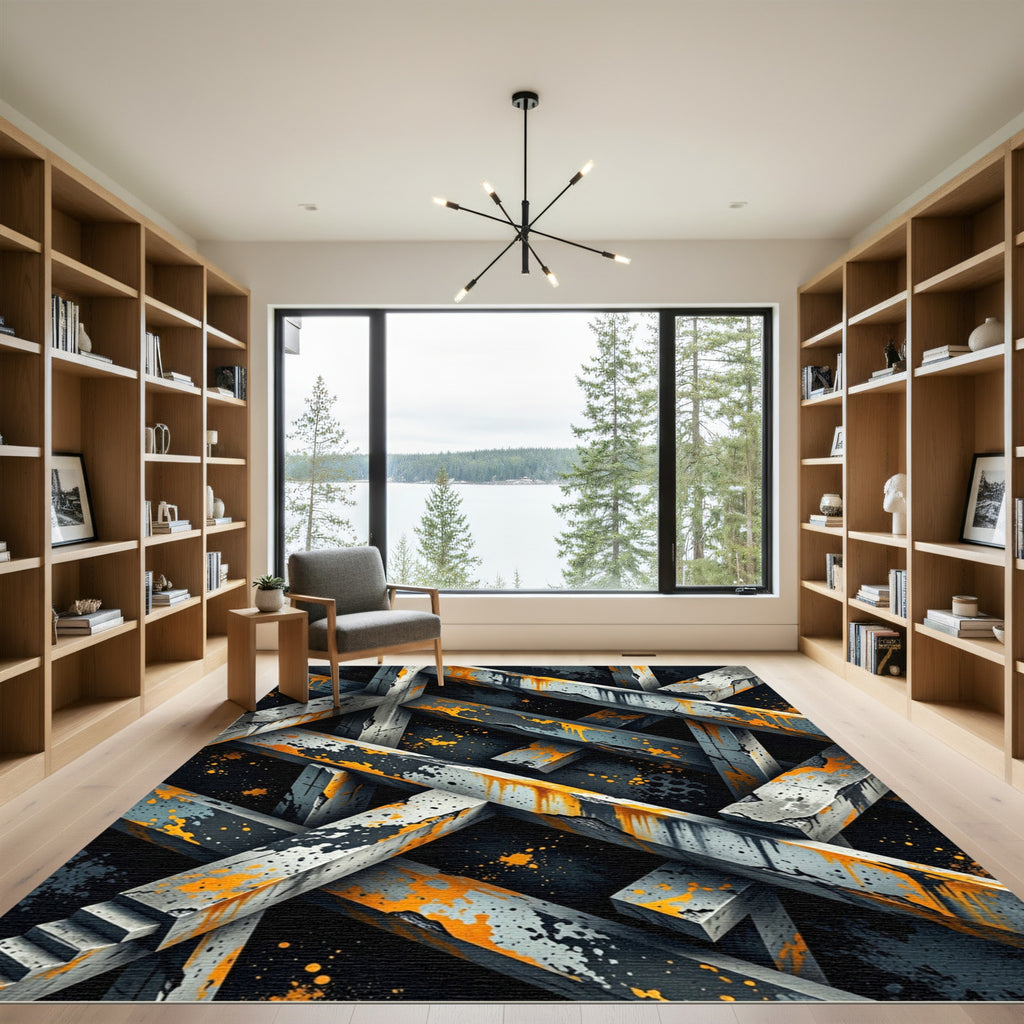 Industrial Gray Orange Splatter Geometric Rug