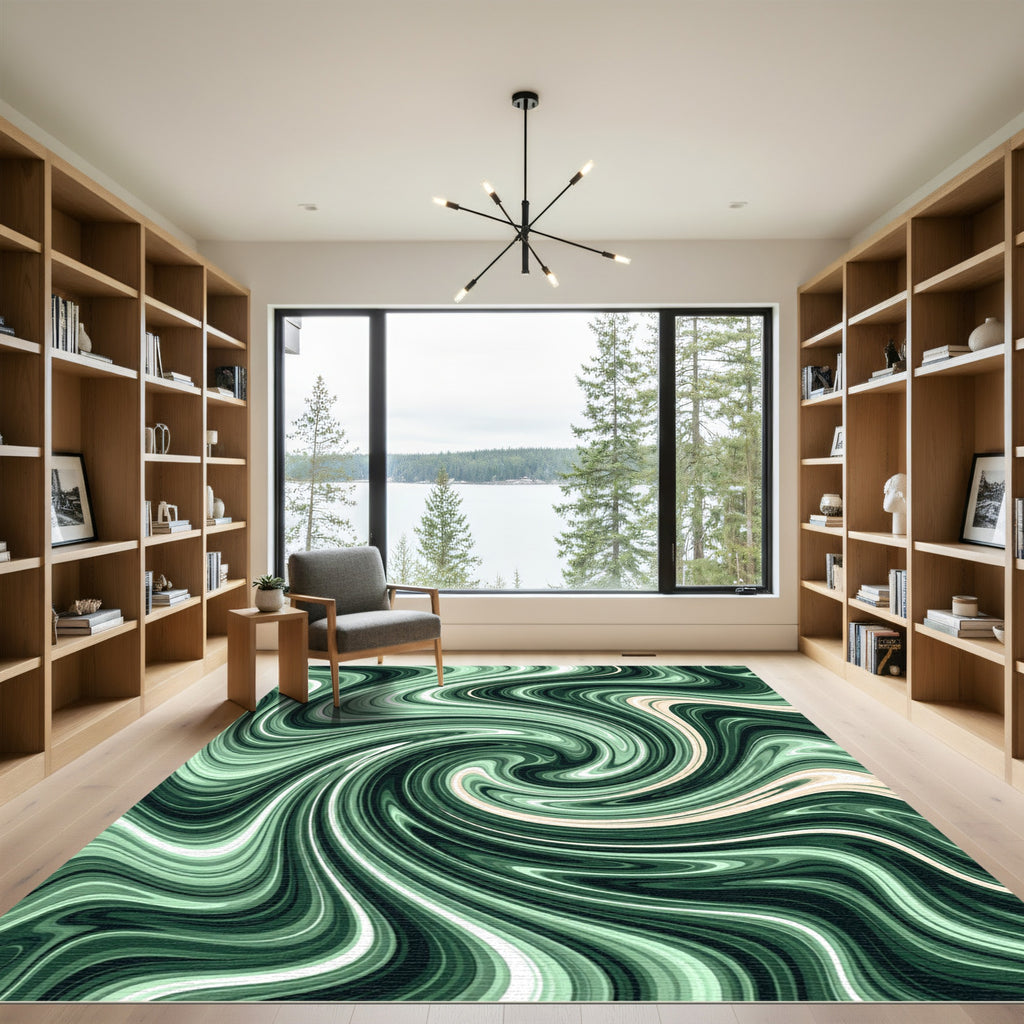 Earthy Green Swirl Abstract Rug