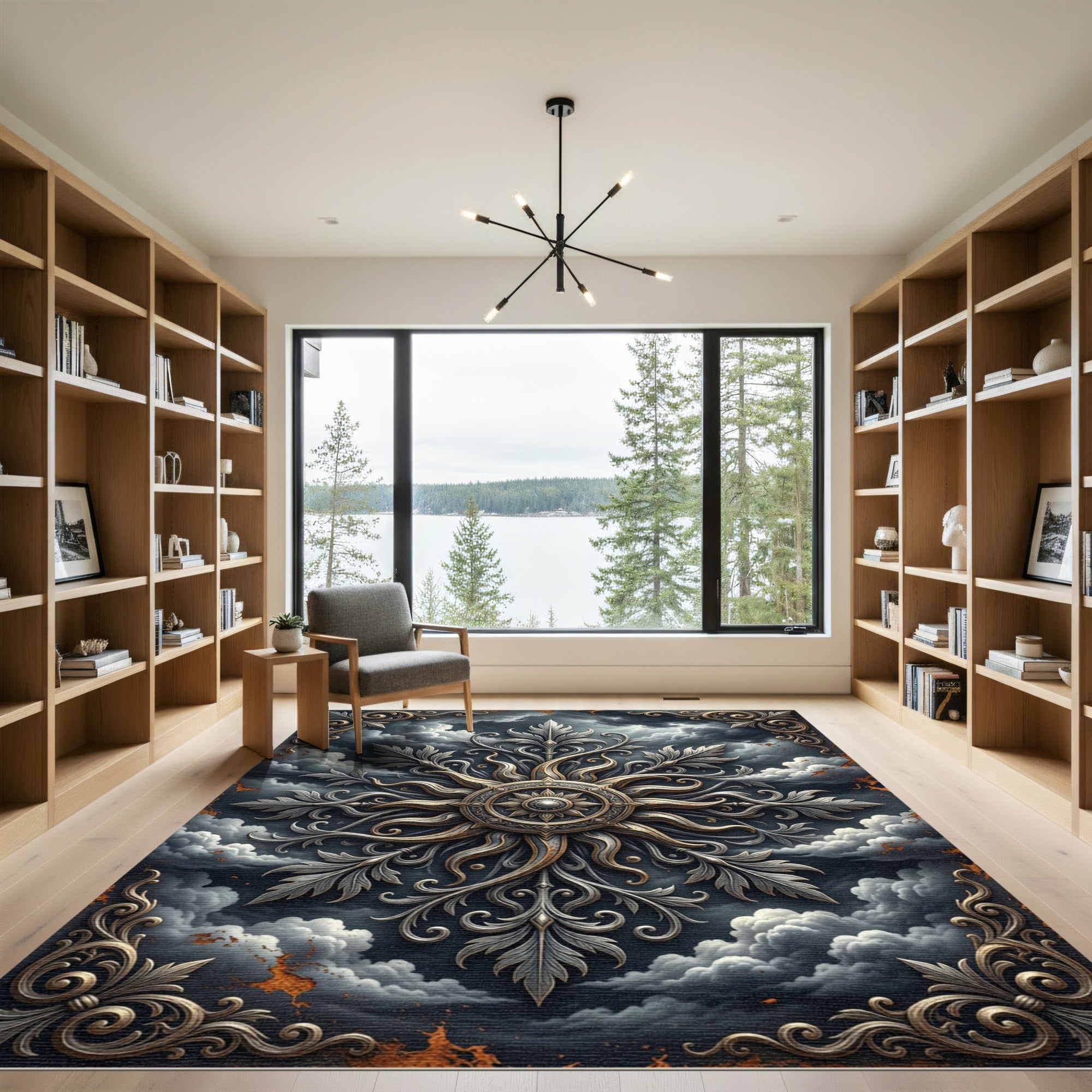 Celestial Silver Ornate Sunburst Floral Rug