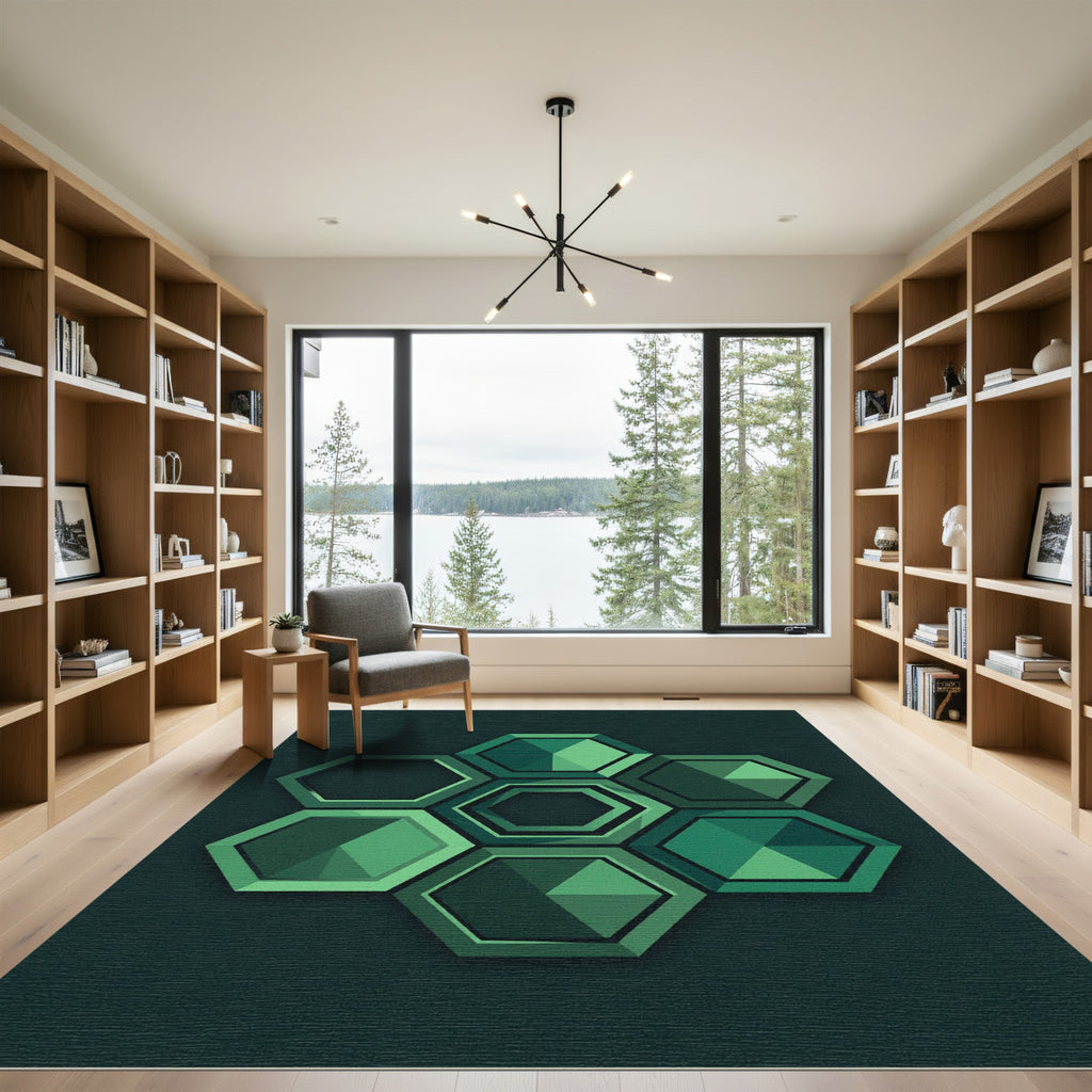 Modern Emerald Hexagon Geometric Arrangement Rug