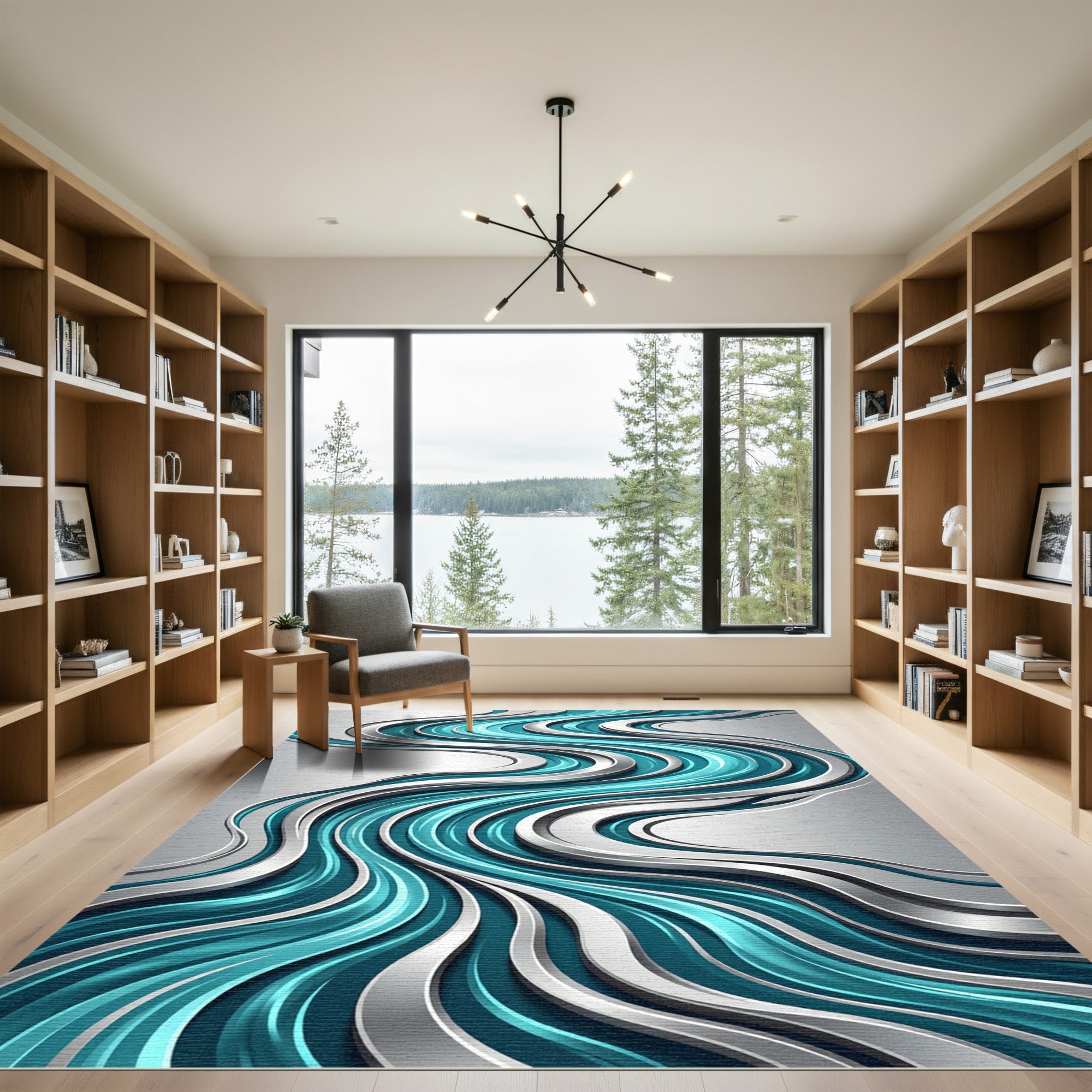 Liquid Metallic Teal Abstract Wave Rug