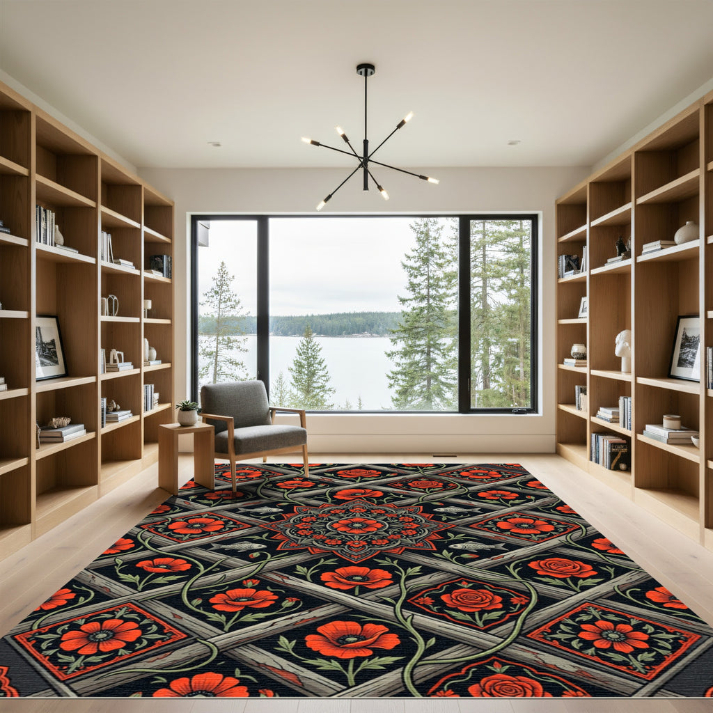 Dark Floral Lattice with Red Blooms Rug