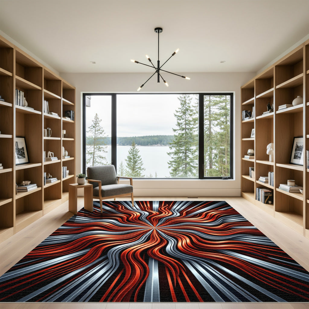 Fiery Orange Silver Radial Waves Rug